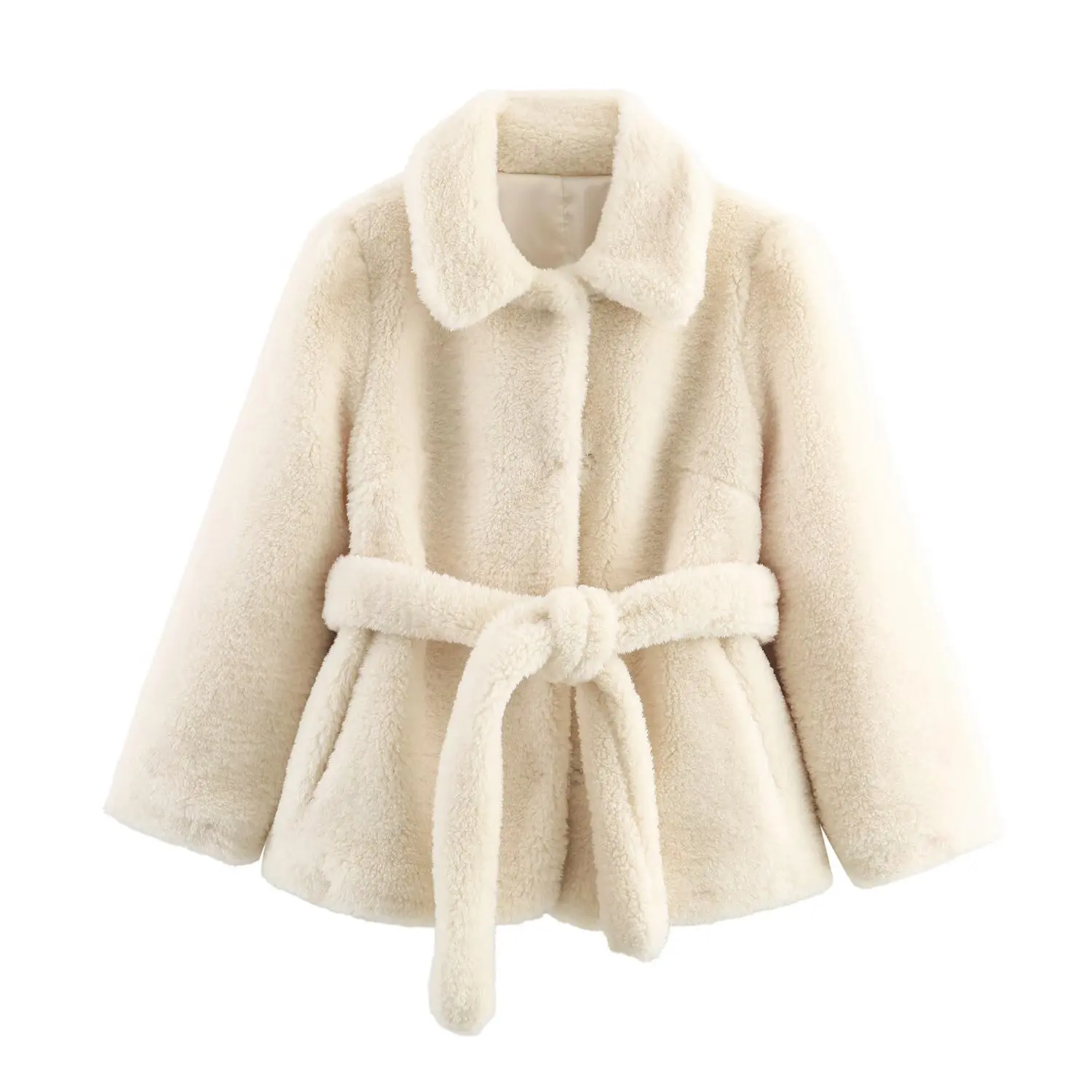 

Woman's Faux Fur Coat with Belt Lapel Hidden Single-breasted Long-sleeved Solid Color Cropped Coat Winter Autumn New Female Top