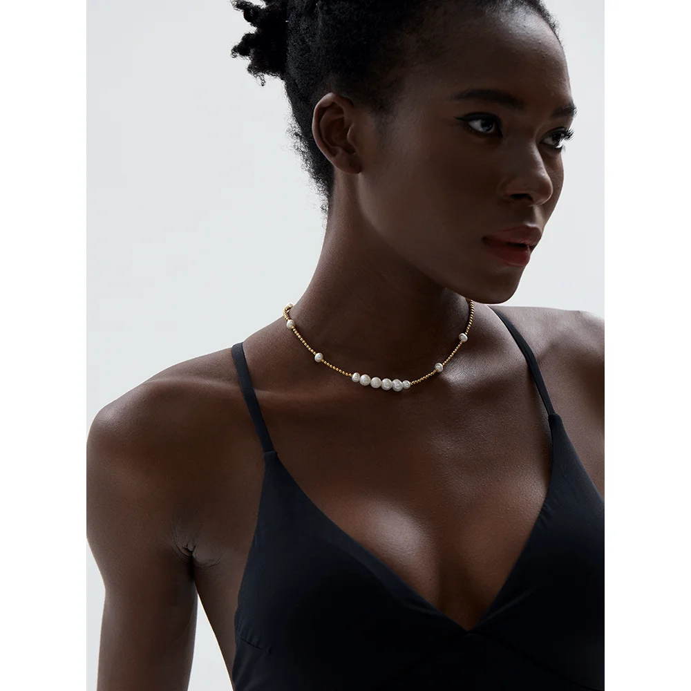 Yhpup High-Grade Metal Beads Natural Pearl Chain Stainless Steel Handmade Necklace Jewelry Gift Attractive Women Accessories