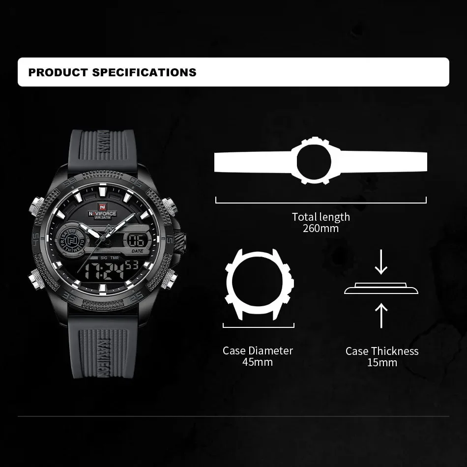 NAVIFORCE Quartz Watch For Men Silicone Bracelet Sport Wristwatches 30m Waterproof Alarm Clock Analog Digital Clock Reloj Hombre