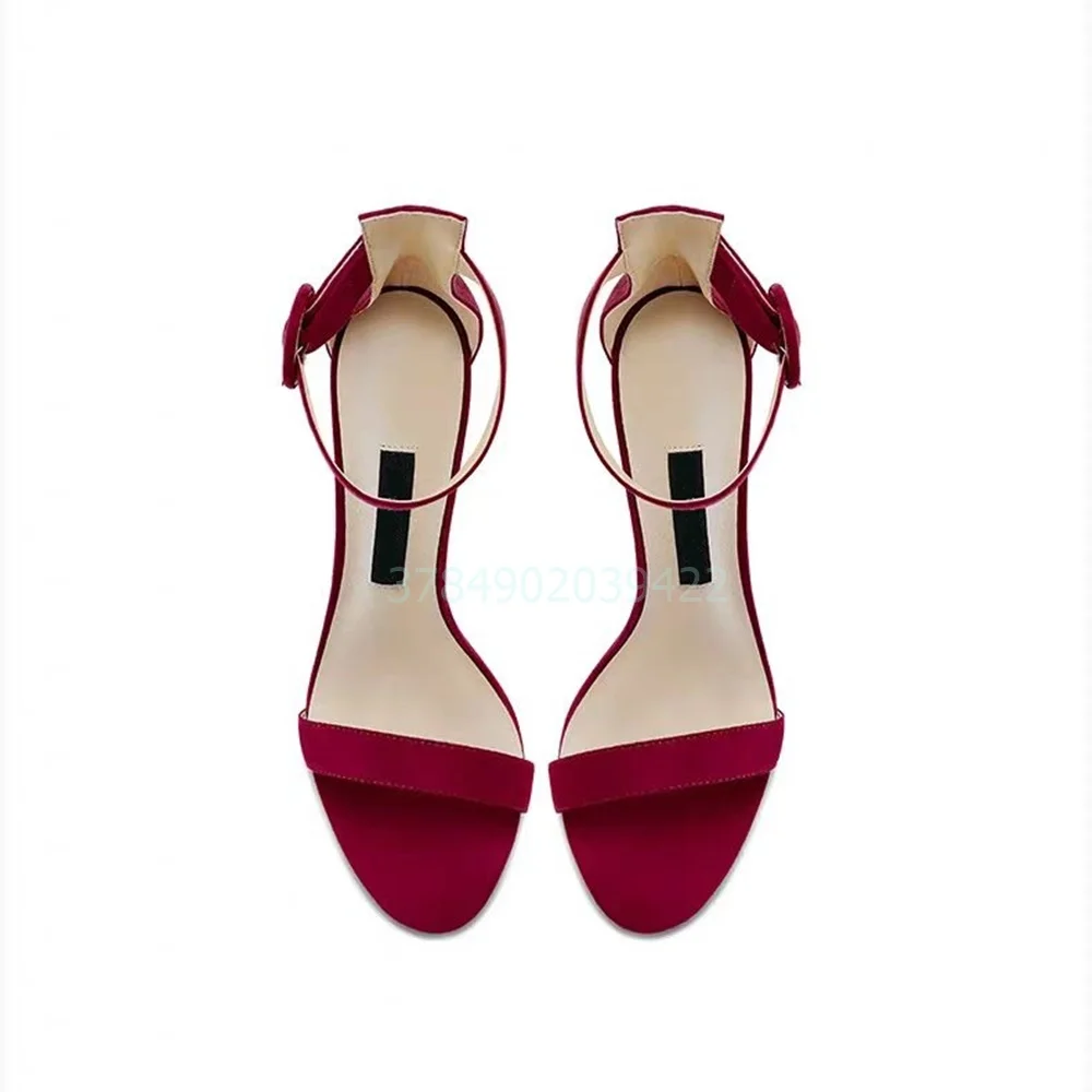 Buckle Strap Sandals Suede Thin High Heel Round Toe Solid Concise Fashion Fairy Style Summer Women Shoes 2024 Red Gold Sliver