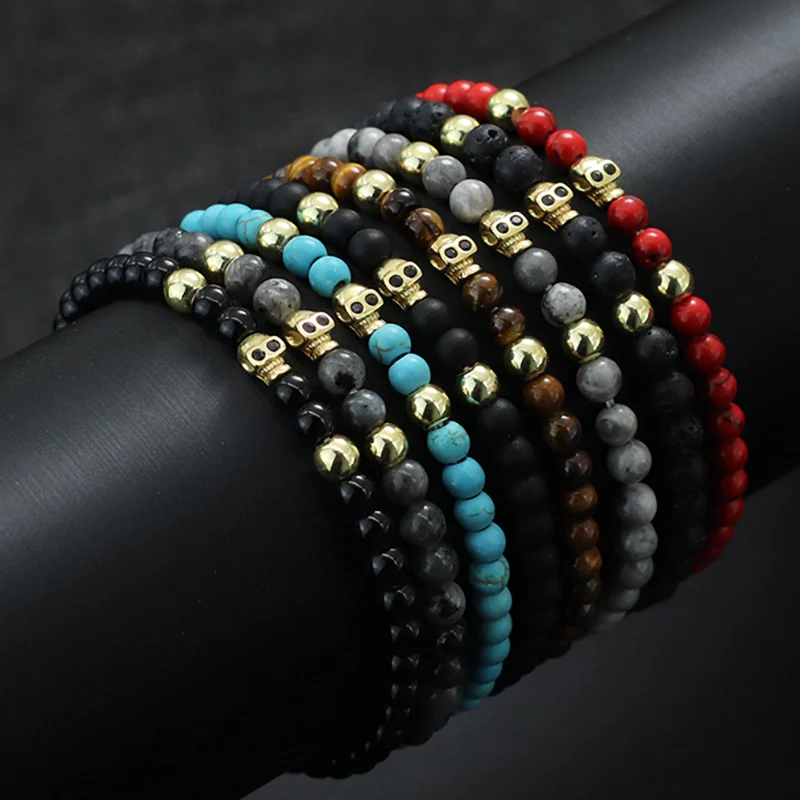 New Men Skull Bracelet 4mm Bead Braclet Natural Tiger Eyes Volcanic Rock Map Stone Braslet Gothic Jewelry Pulseira Homme Joias