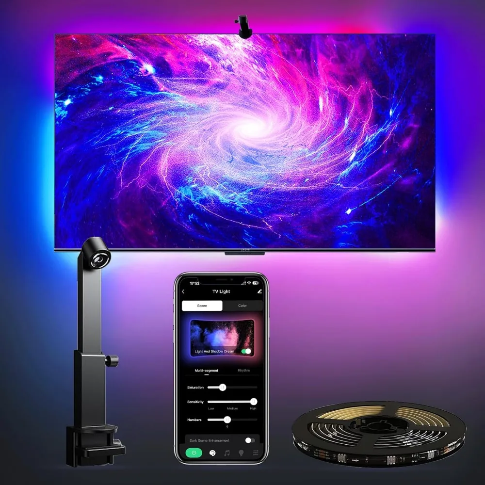 

TV LED Backlight with Camera for 55-65 inch Screens, 13Ft LED Strip Lights Sync to Screen & Music, RGB Built in Chip Strip Light