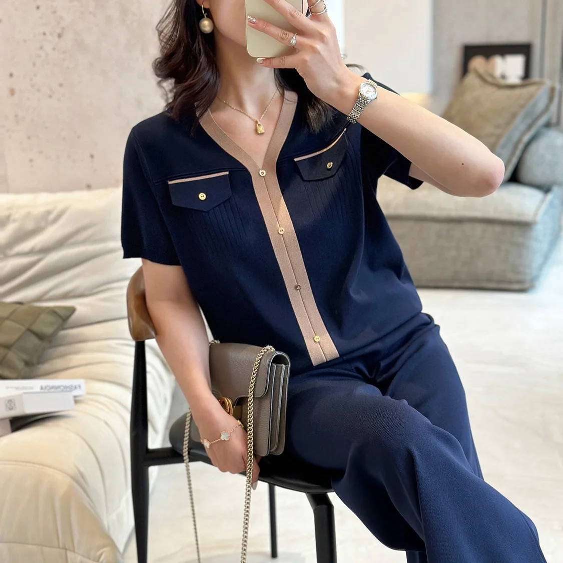 Fashion Casual Knitwear Women's Set 2023 Summer New V-neck Short sleeve Top Knitt Wide leg Pants Temperament Women Two-piece set