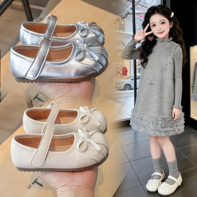 2026 Children Flats Spring Summer Autumn Kids Shoes Girls Oxfords School Beige Silver Toddler Soft Pu Leather Shoes For Girl