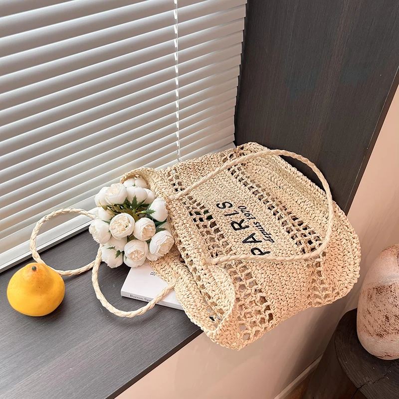 Woven Tote Bag Large Capacity Handbag Hollow Out Straw Shoulder Bag Women\'s Shopper Picnic Shopping Bag 2024 Fashion Luxury