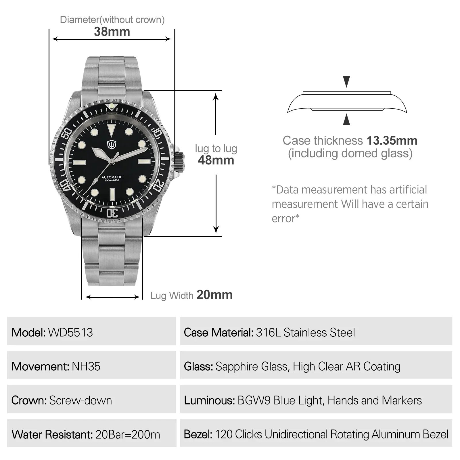 Watchdives WD5513 ساعة فرعية NH35 حركة أوتوماتيكية كريستال الياقوت 20Bar مقاوم للماء مضيئة 38 مللي متر ساعات عتيقة