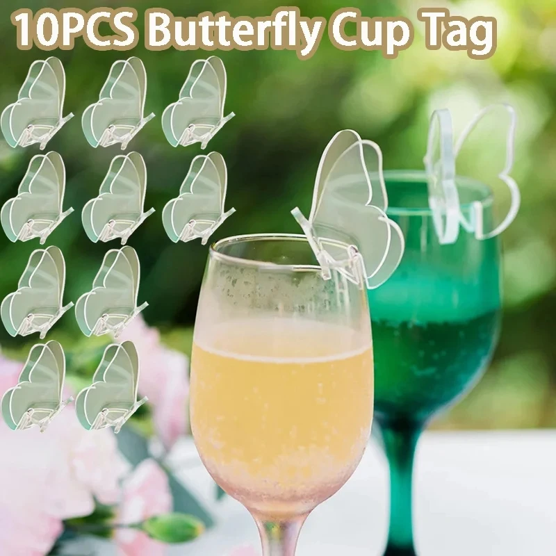 10Pcs Butterfly Wine Glass Decoration Acrylic Drink Tags Cocktail Glass Cup Label For Wedding Birthday Party Decoration Supplies