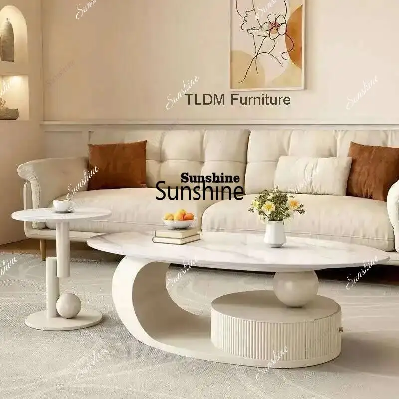 

Style Table Rock Cream Italian for Office High-end Light Board Smooth Tables Luxury Coffee Unique Oval Side Table for Apartment
