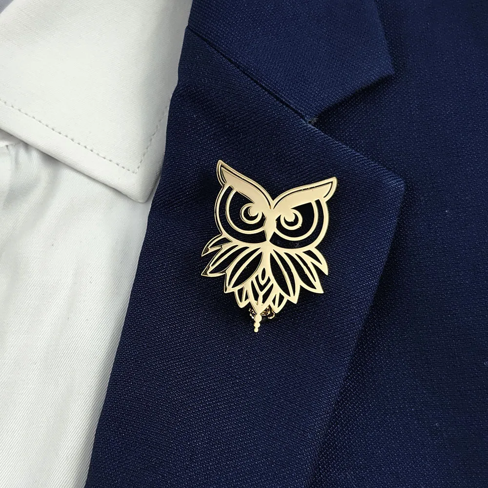 

Fashion punk style hollow lines Owl stainless steel gold-plated 18K brooch Black suit accessories Wedding matching set