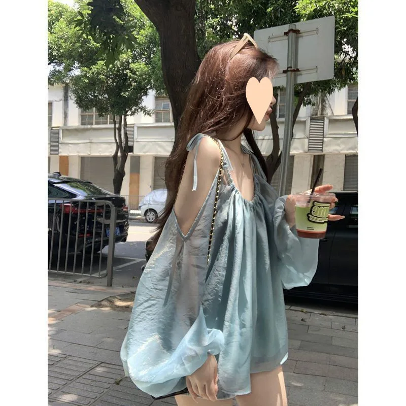 

2026 New Summer Off Shoulder Lantern Sleeve Camisole Shirt, Ruffled Loose Thin Breathable Elegant Slim Fit Women Blouse