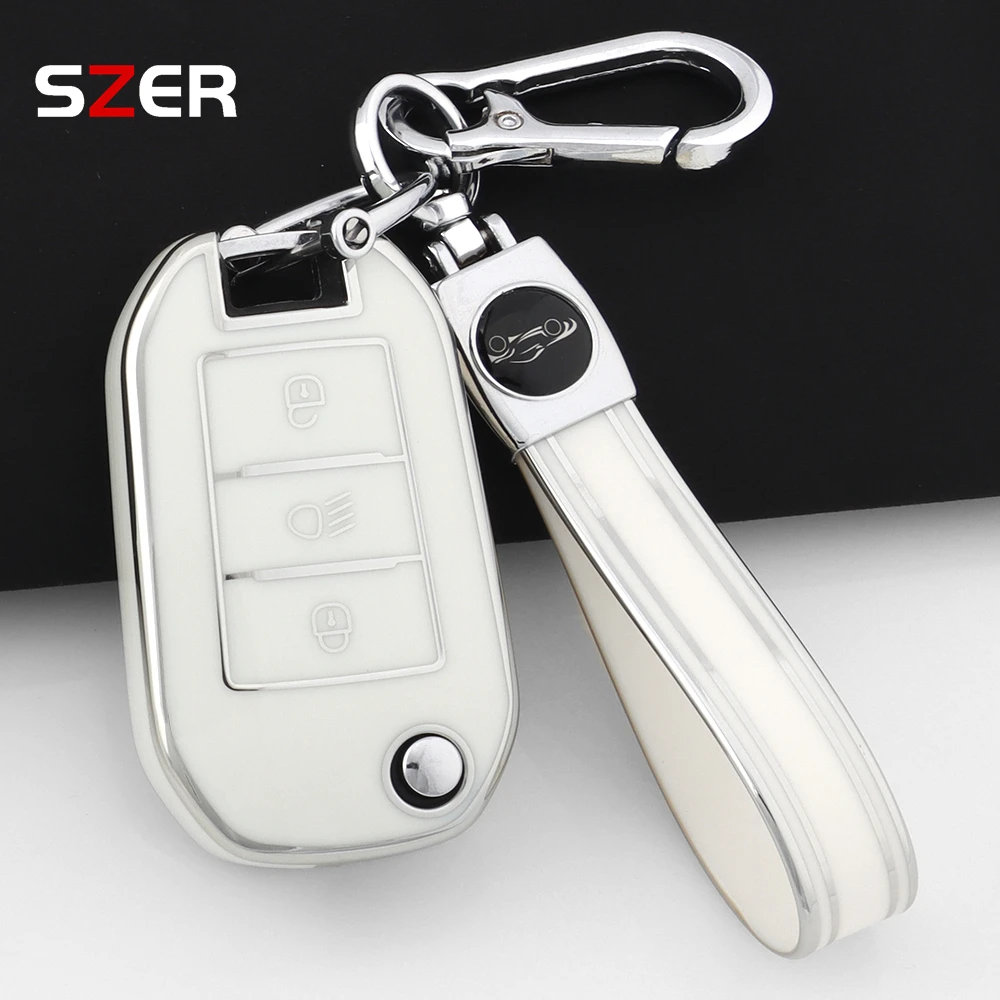 

Soft TPU Car Flip Key Case Cover Holder Keychain For Peugeot 208 308 408 508 2008 3008 4008 5008 For Citroen C3 C4 CACTUS C6 C8