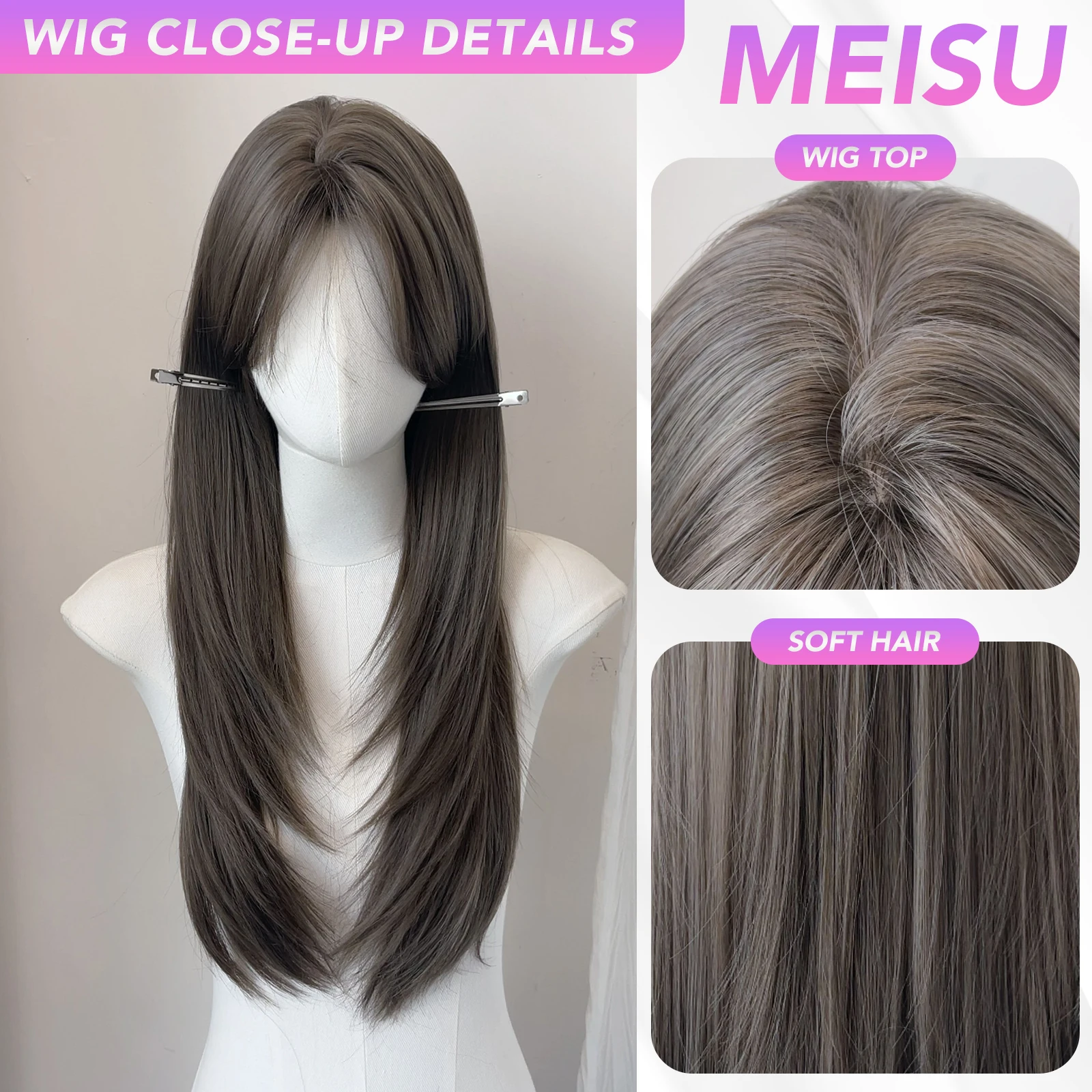 วิกผมตรงสังเคราะห์ MEISU ขนาด 26 นิ้ว สีน้ำตาลเข้มแบบมีเลเยอร์ ทนความร้อน เส้นใยผมเรียบเนียนเป็นธรรมชาติ พร้อมหน้าม้า สำหรับผู้หญิง