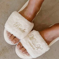 Personalized Fur Sandal for Wedding Bridal Party, Bridesmaid Proposal, Mom, Sister Maid of Honor, Presents Slippers, Birthday Gi