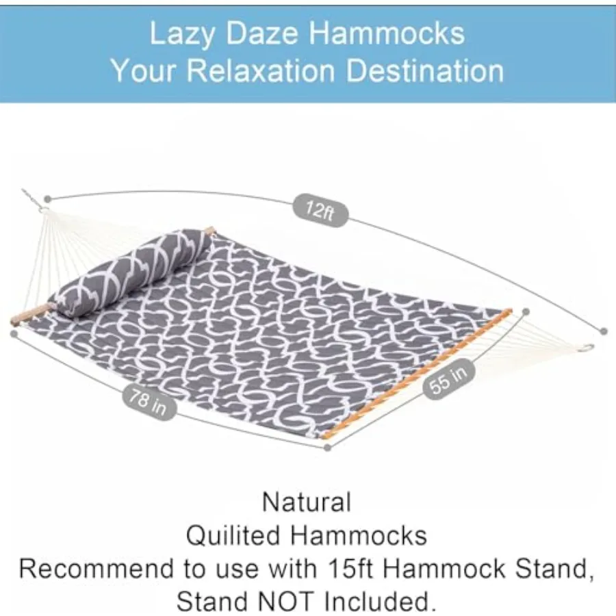 12FT Quilted Fabric Hammock with Soft Pillow Double 2 Person Tree Hammock with Spreader Bar for Outdoor Patio Garden Yard 450lb