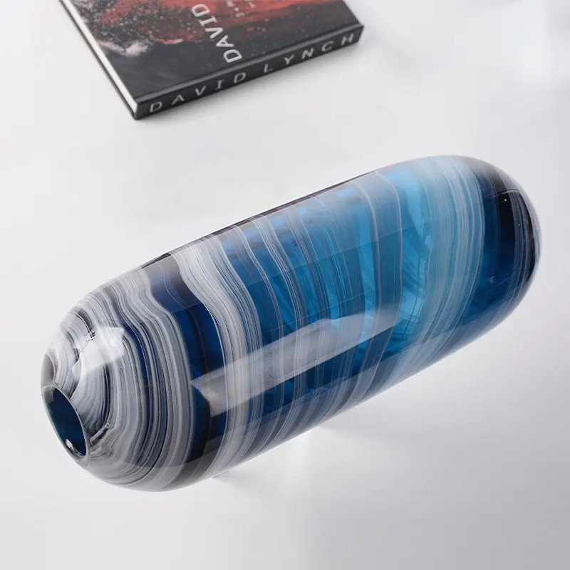 Blue and white texture glazed vase, light luxury high-end dining table high-end glazed vase, thickened glass art flower ware