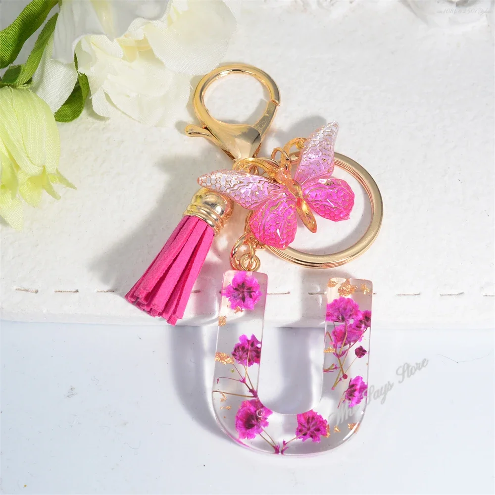 Exquisite Pink Dry Flower Resin 26 Initial Keychain Butterfly Tassel Pendant A to Z Keyring for Women Valentine's Day Gift