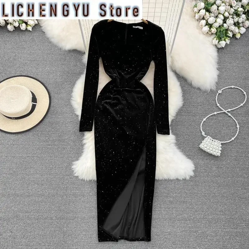 

New Sweet Style Women's Dress Square Velvet Split Split Sequins High Waist A-line Dresses Autumn Winter
