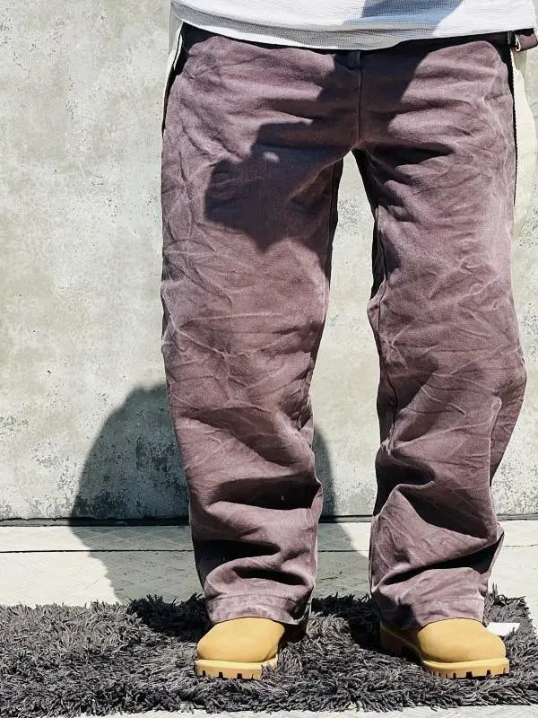 DoubleRL Vintage Heavyweight Canvas Weathered Workwear Pants with Shoulder Straps And Explosive Flower Design Straight Leg Ca...