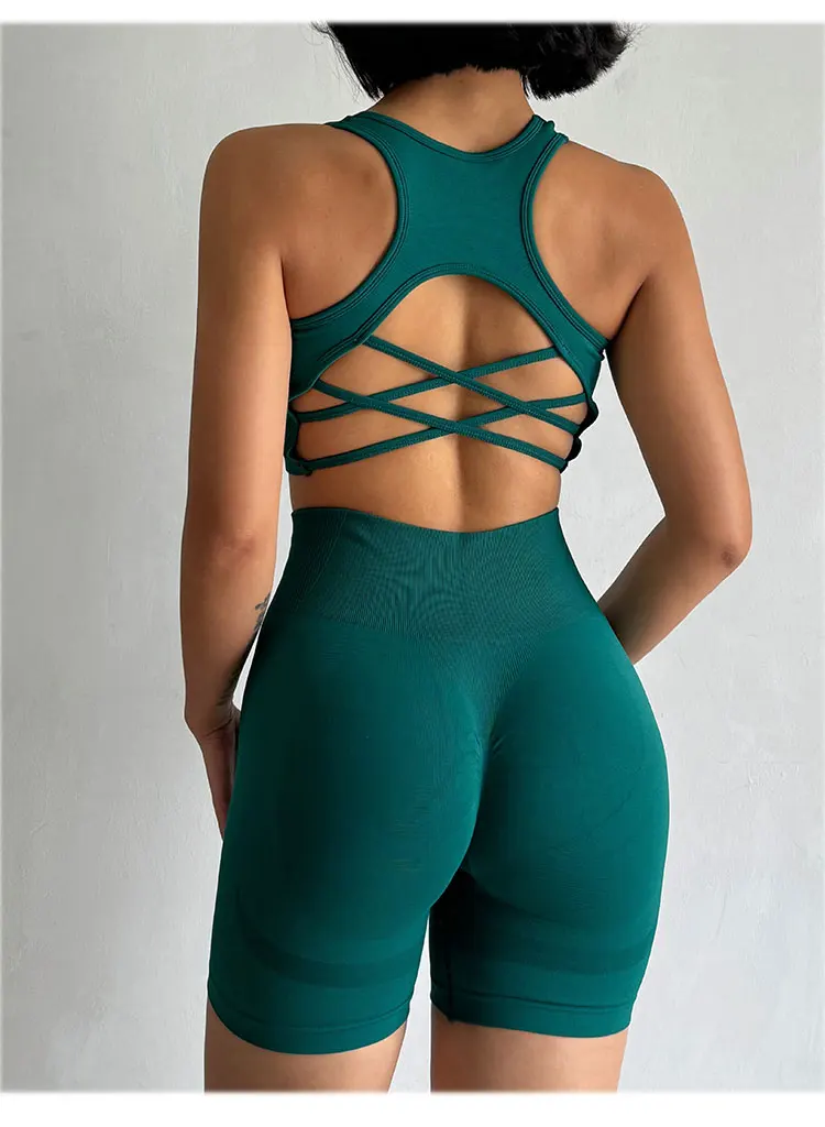 Pfirsichfarbenes Damen-Set mit High-Waist-Shorts und BH, Po-Lifting-Fitness-Set, geraffter Rücken, Yoga-Anzug, eng anliegend für Lauf- und Trainingsübungen – Detail 9