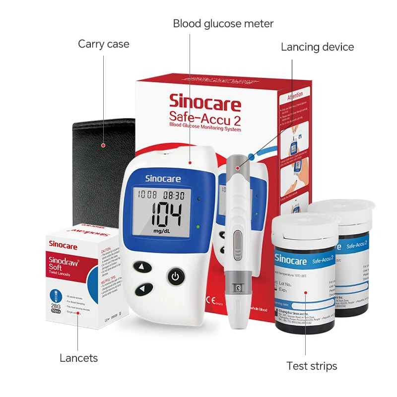Sinocare Safe Accu2 Diabetes Glucometer GLM with 50 Test Strips 50 Lancets Blood Glucose Meter Blood Sugar Test