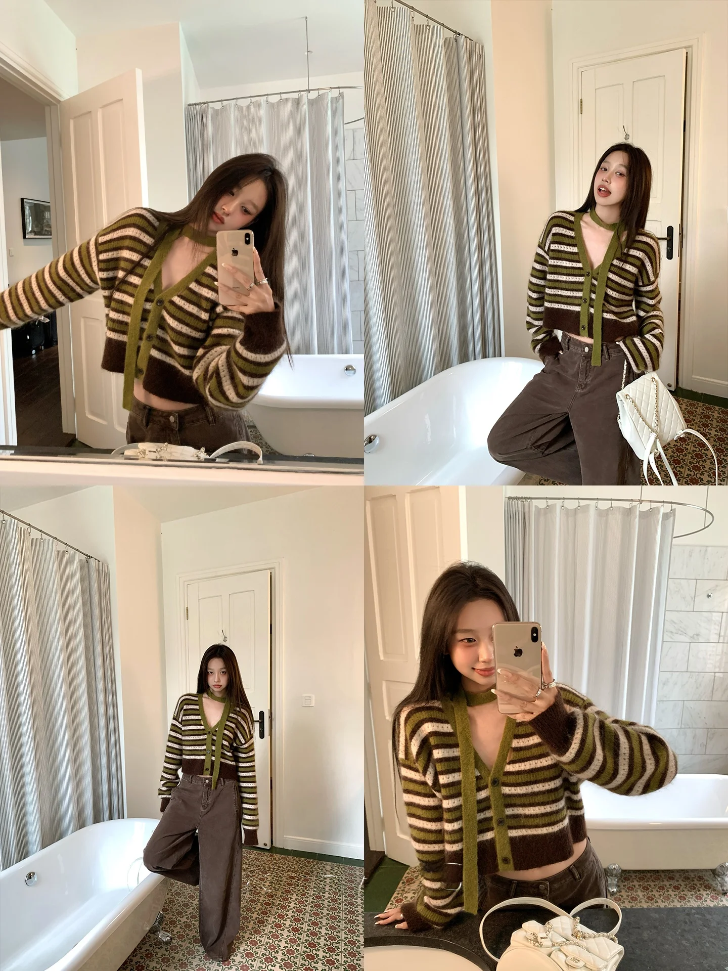 

ort V-Ne Knitted Sweater with Color Blo Netie for Women Casual Loose Sle Striped Pattern Autumn Faion Sweater