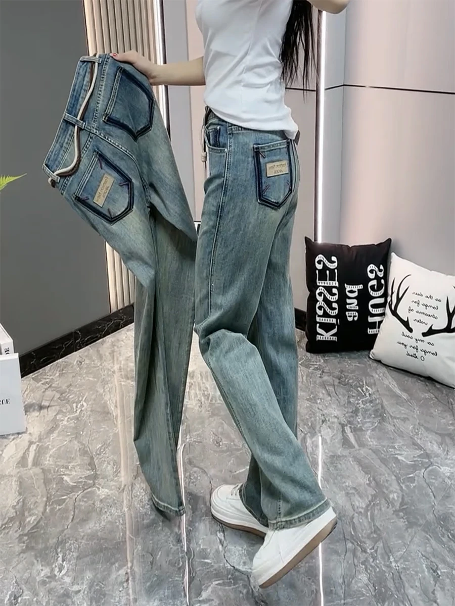 

Slim Fit Elastic Straight Leg Jeans Women's New 2024 Early Spring plus Size Fat MM Slimming Embroidered Floor Length Pants