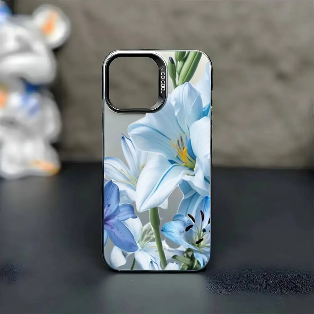 เคสโทรศัพท์ลายดอกลิลลี่สีน้ำเงินสุดหรู สำหรับ iPhone17,16,15,14,13,12,11 Plus,Pro สีเงินด้าน ป้องกันการกระแทก