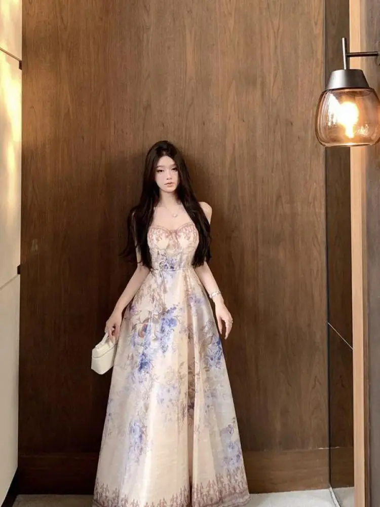 

Summer Beige Print Sleeveless Off Shoulder Vacation Pleated Strapless Long Dress Women's Sexy Birthday Party Evening Dress Boho