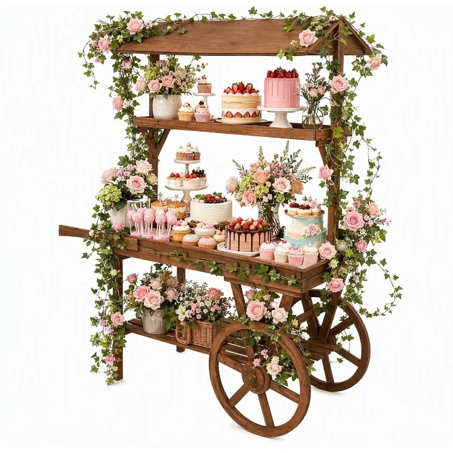 Flower Cart Display Stand with Wheels, 3 Tier Dessert Candy Cart Decorative Wooden Rolling Market Flower Display Stand for Indo