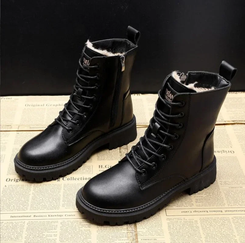 

Водонепроницаемые зимние сапоги для снежной погоды, женская обувь из плотного бархата и хлопка, черные кожаные теплые женские ботильоны на платформе