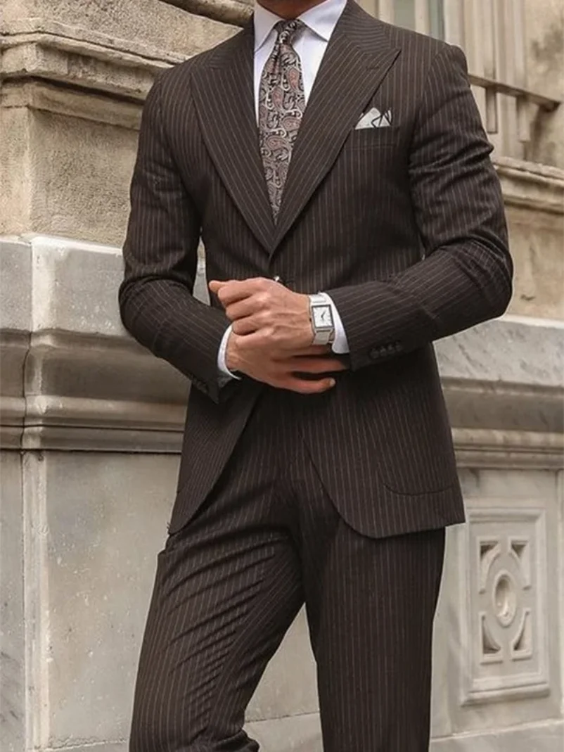 2 Piece Suit For Men Suit Custom Made Dark Brown Pinstripe Suit Striped Suit Tailored Men Suits High Quality 2024 Mens Outfit