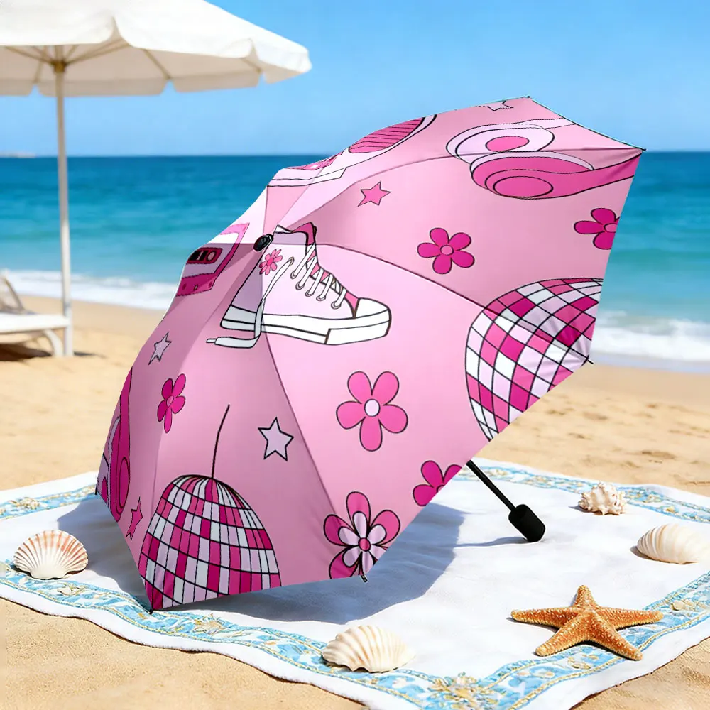 1PC Retro Picnic Vibes with Pink Umbrella Print 8 Iron Ribs Folding Umbrella Auto-Open Fashion Sunshade