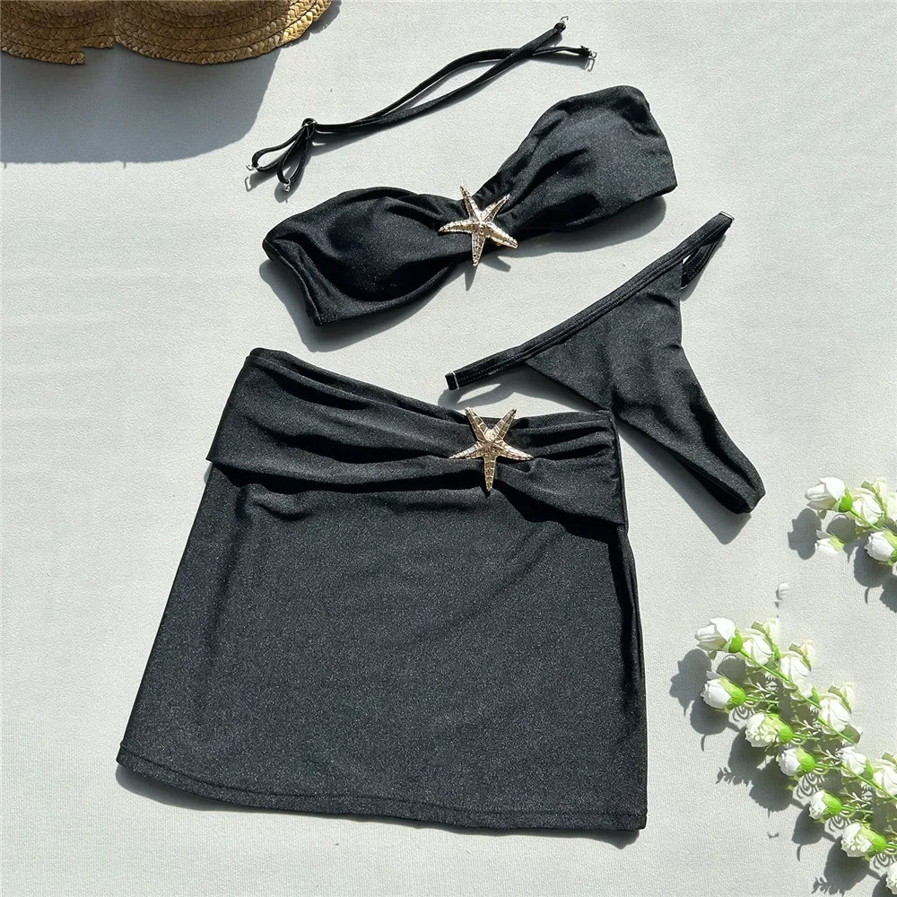 

Metal Starfish Black Swimwear Sexy Swimsuit Cover Ups Women Micro Thong 3 Piece Bikini Set Damen Bathing Suit Beach Wear Bikinis