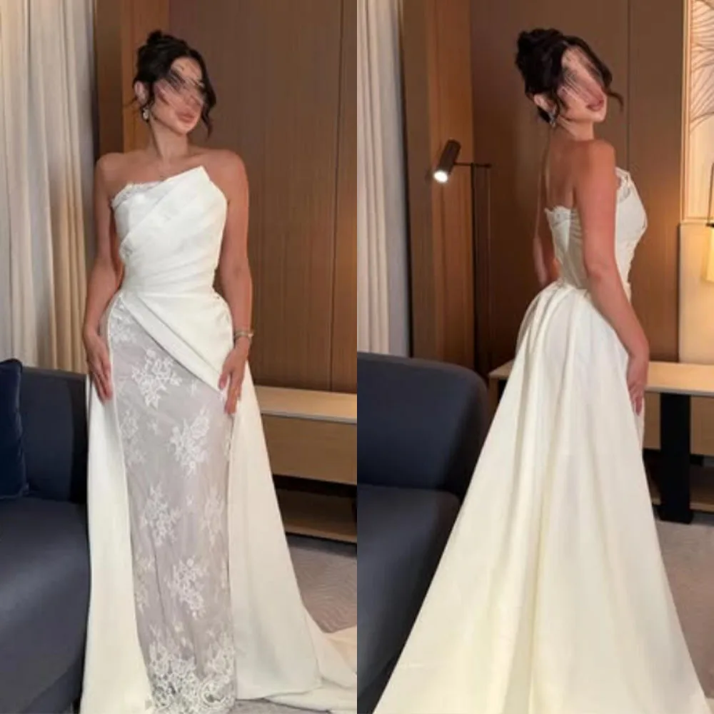 

High Quality Customized Strapless Floor Length Sleeveless White Lace Backless Vestidos Elegantes Para Mujer Para Una Boda Women
