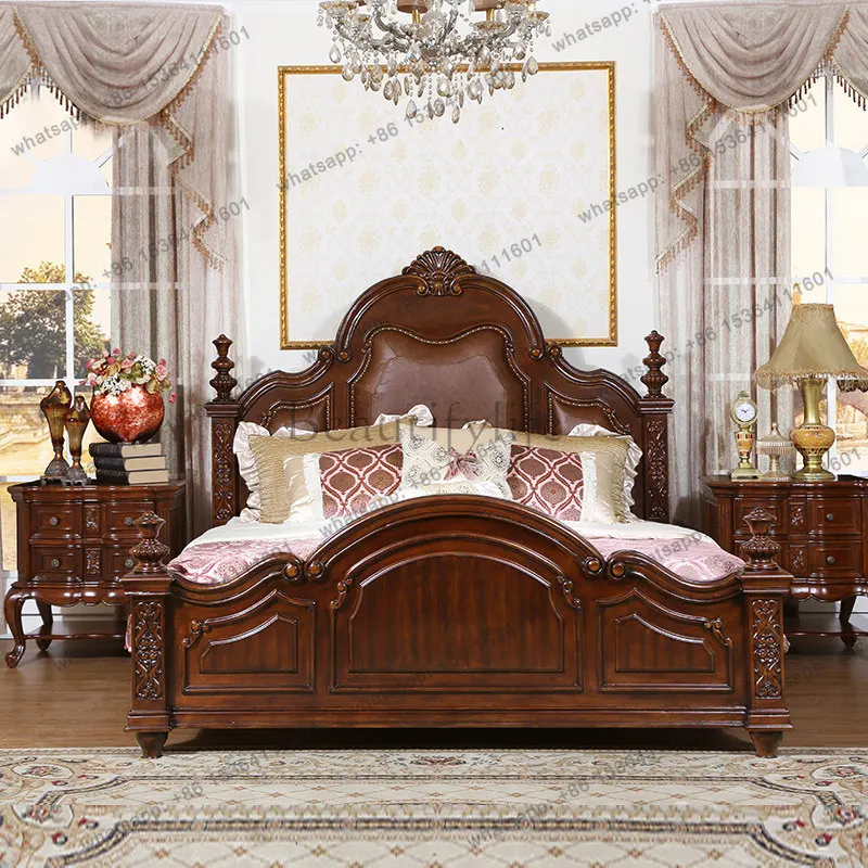 X4  American leather double bed master bedroom carved pillar all solid wood European retro leather art bed