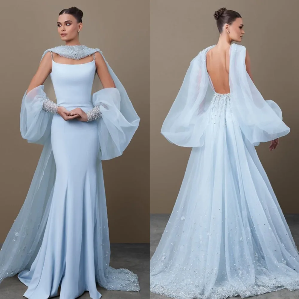 

High Quailty Customized Sleeveless Blue Floor Length Beaded Appliques Backless Strapless Thin Suspenders Wrinkle Tulle Dresses