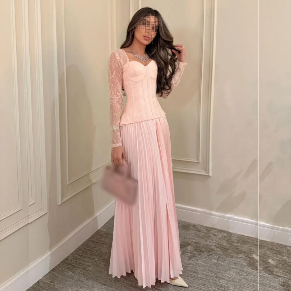 

Customized Grace Long Sleeves Evening Dress Pleat A-line Pink Long Dresses Bespoke Occasion Elegant Prom Party Gown Formal