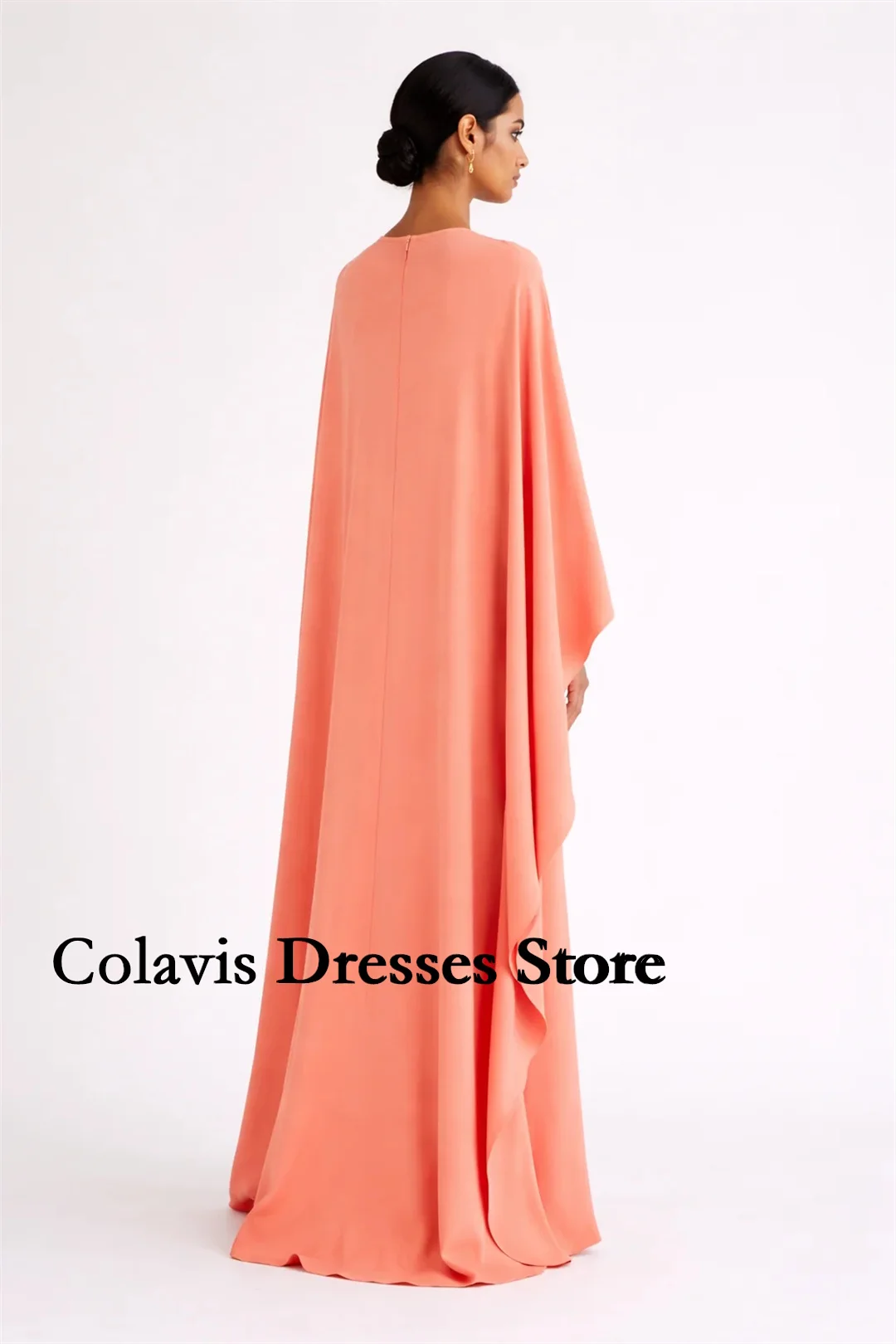 Coral Orange Evening Maxi Dress Keyhole Neck 3D Floral Applique Flowy Cape Sleeve Formal Wedding Guest Bride Party Gown