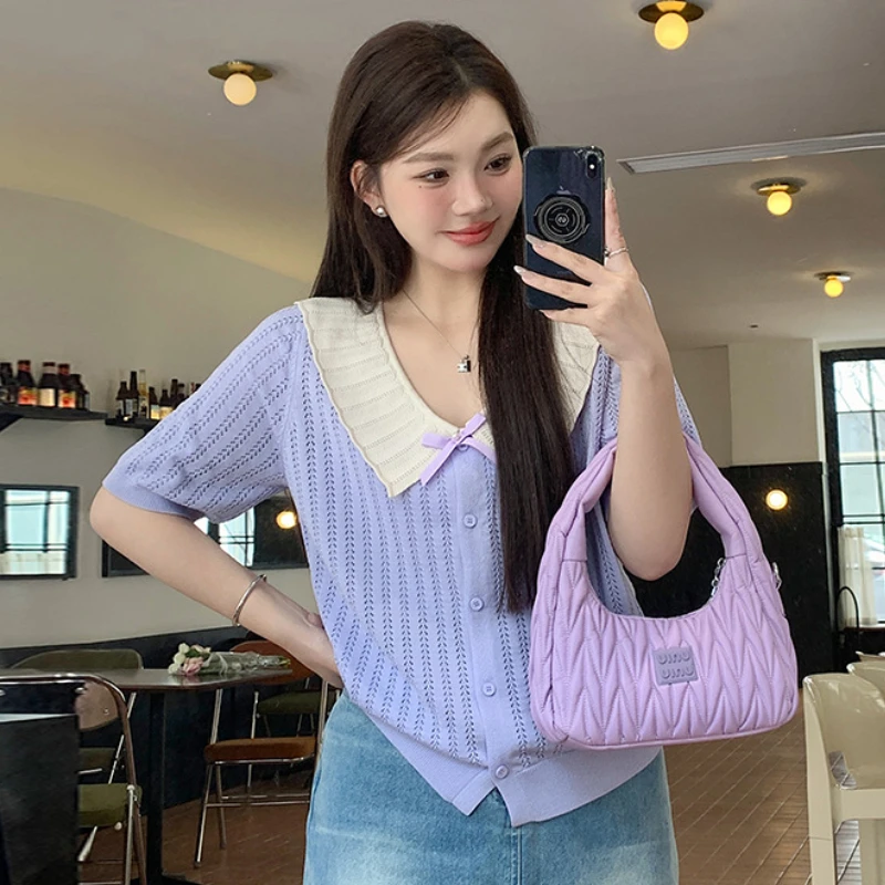 Knitted Top Spiricle Button Shirt Bow Short Sleeved T-shirt Elegant Solid Color Female Clothing Plus Size Loose Fit Tee Summer