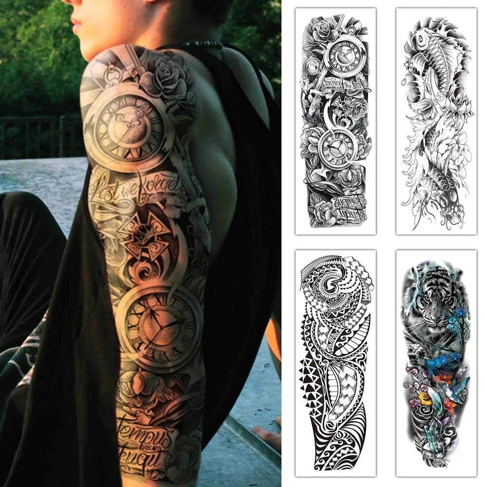 Clock Rose Large Full Arm Sleeve Waterproof Temporary Tattoo Sticker Gothic Tiger Butterfly Carp Fake Tato Body Art Men Women