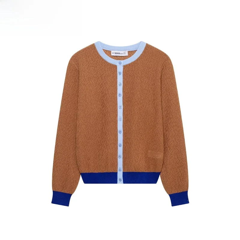 Fashionable Knitted Color Block Outerwear Women's Shirt ZR Style Versatile Autumn New Arrival Polyester Fiber Long Sleeve rou...