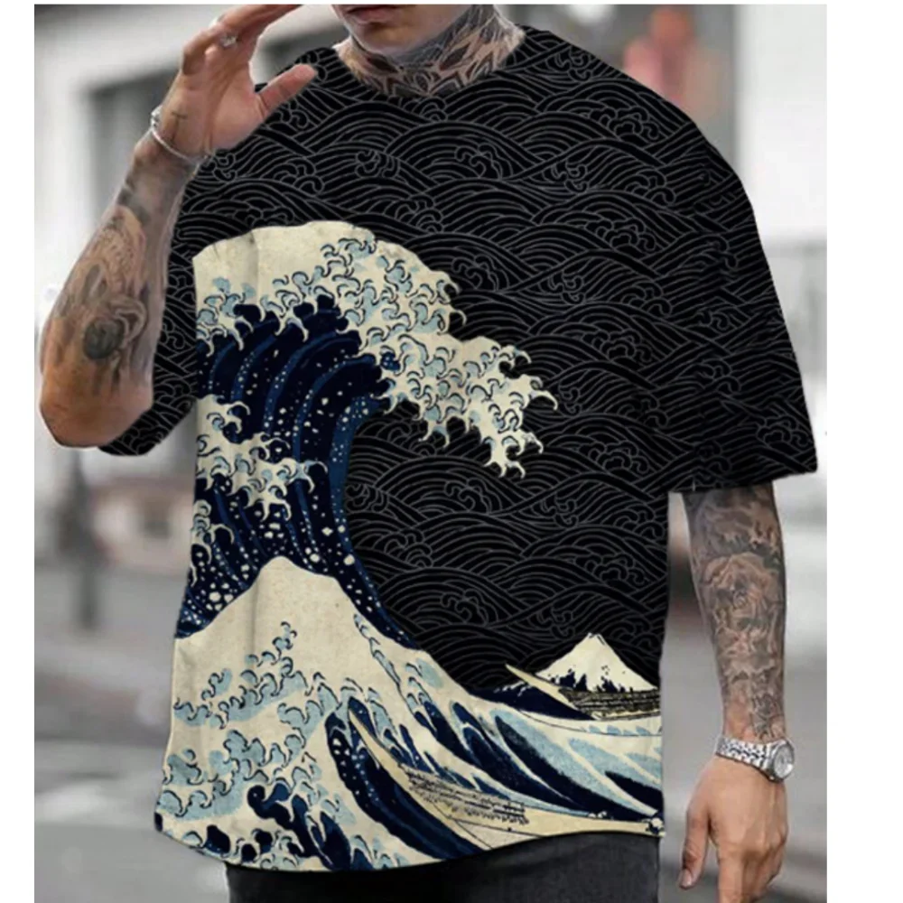 Summer New Beach Street Japanese Ukiyo-e 3D Printed Men\'s T-shirt Harajuku Fashion Crew Neck Hip-hop Men\'s Short Sleeve Tee Tops