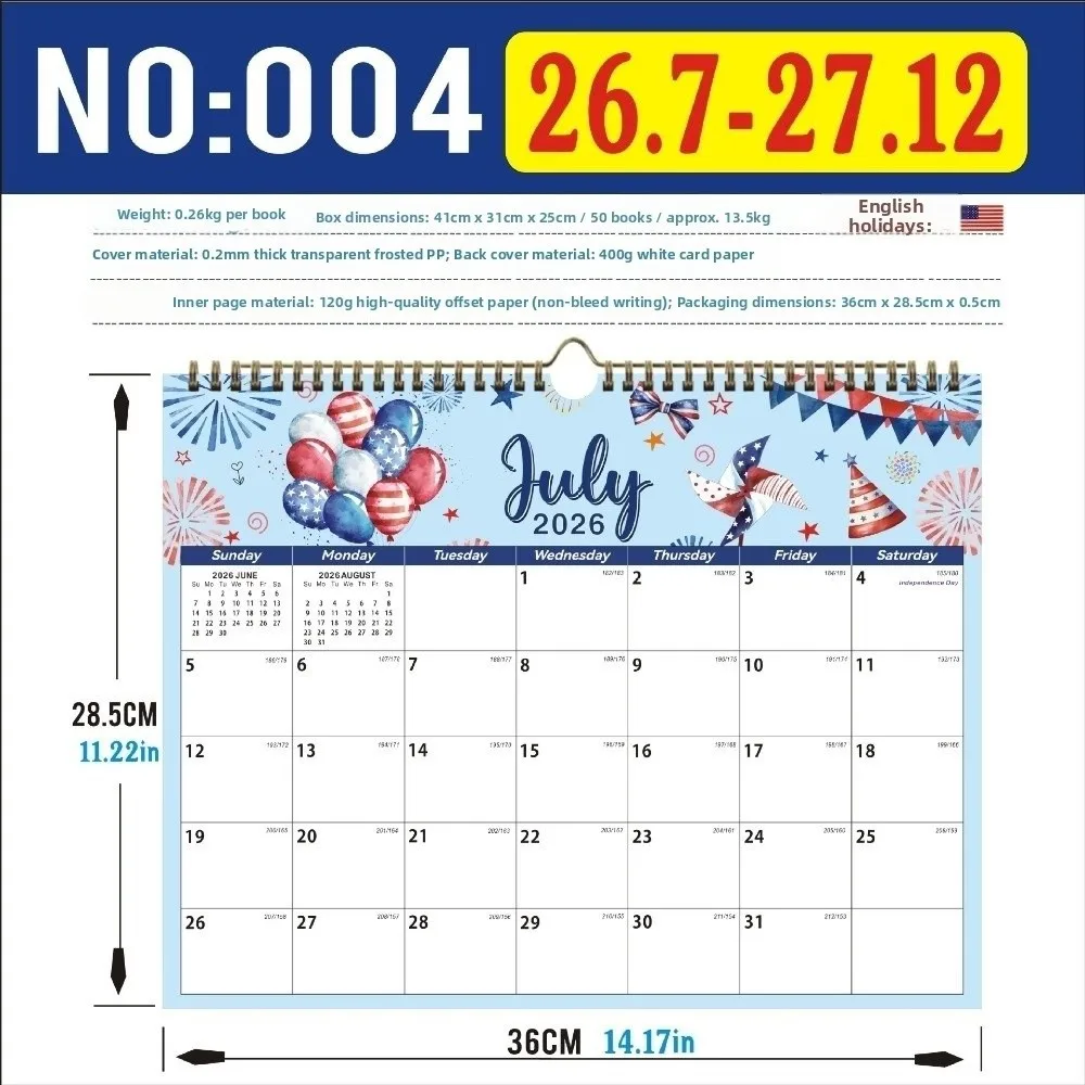 

Thick Paper English Calendar Holidays Marked Daily Study 18 Months Calendar Hook Hanging July 2026-December 2027 Wall Calendar