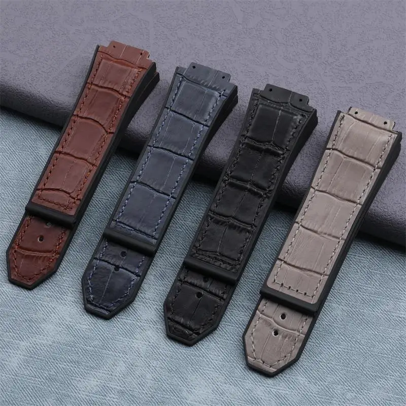 

SCHIK Genuine Bamboo Leather With Rubber Watchband For HUBLOT Strap For King Power Series 29x19mm Wristband Accessories