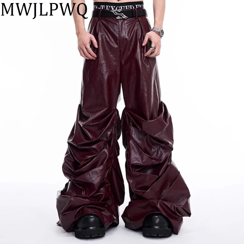 

MWJLPWQ Stacking Pleated Niche Design Leather Pants Men's High Street New Full Length Autumn Winter Casual Wide leg Pants 010698