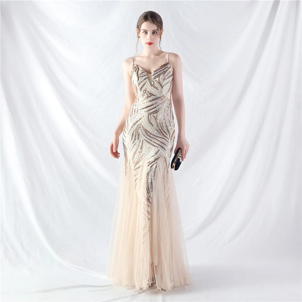 Gorgeous Long Sequined Gold Evening Dress Spaghetti Straps Backless Tulle Formal Gowns For Prom Vestido De Festa In Stock