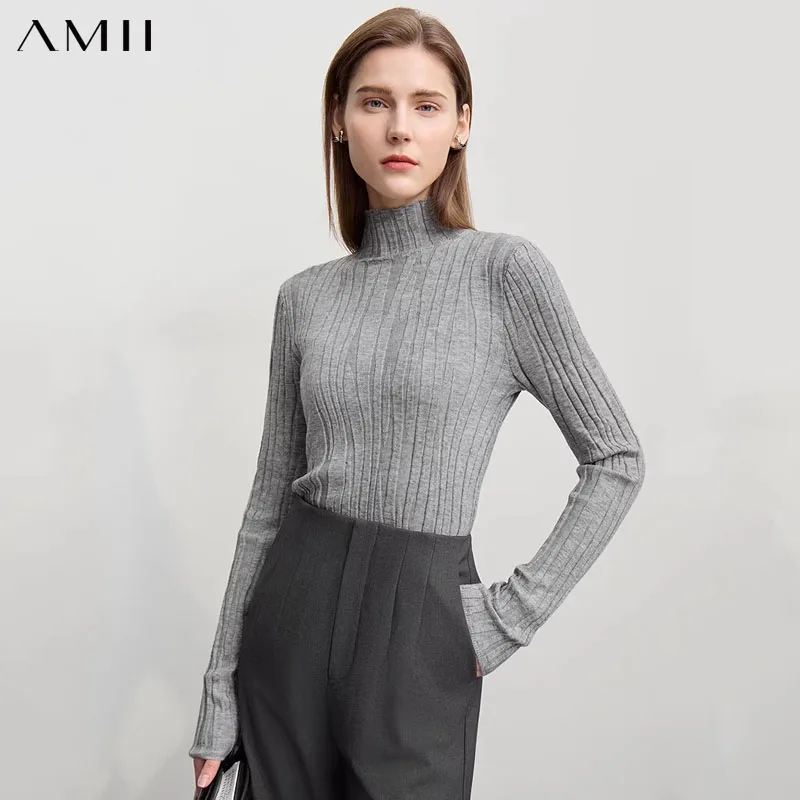 

Amii Минималистичный женский шерстяной свитер 2025 Зимние теплые свитера Трикотажная рубашка с тонким дном Эластичный пуловер с воротником-стойкой Топ 12324064