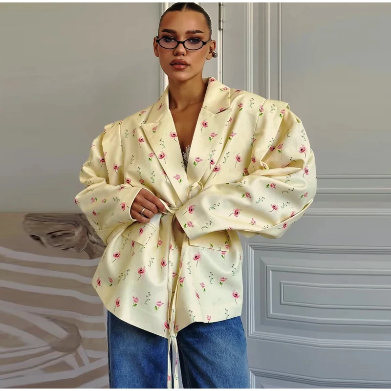 Floral Printed Blazer Jacket Women Fashion Lapel Long Sleeve Lace Up Waist Coats 2025 Autumn Lady Shoulder Pads Outerwear Blazer