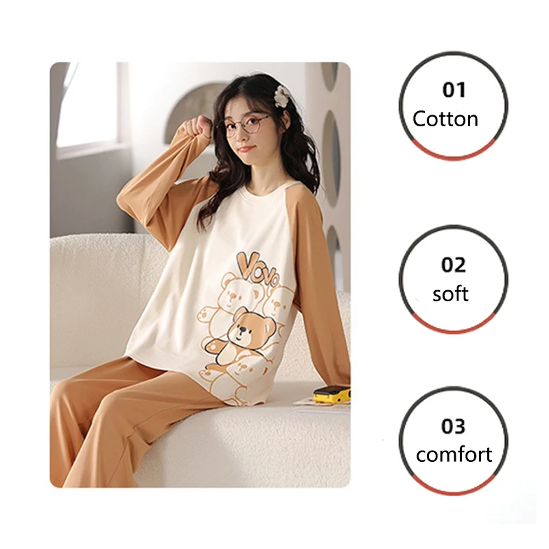 Cotton High-Quality Pyjamas Women Autumn and Winter Long-Sleeved Two-Piece Fresh Mint Green Plaid Loungewear Cartoon Bear Girl