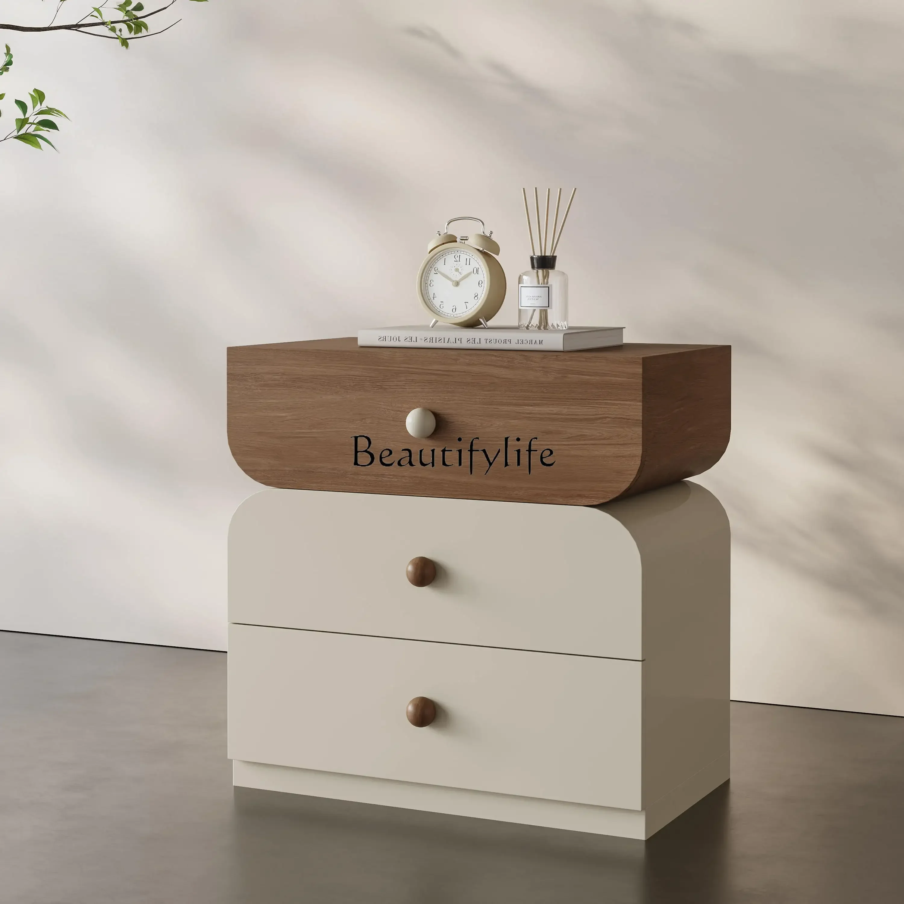 jjz.Solid wood bedside table Modern simple medieval cream light luxury high-end drawer storage three-bucket cabinet